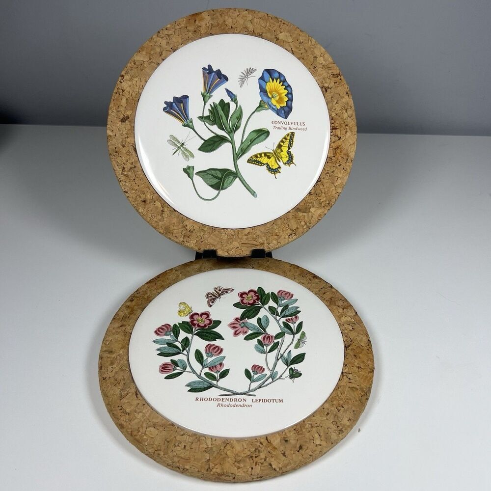 Set Of 2 Cork-backed Portmeirion Botanic Garden Tile Trivet Butterflies Flowers